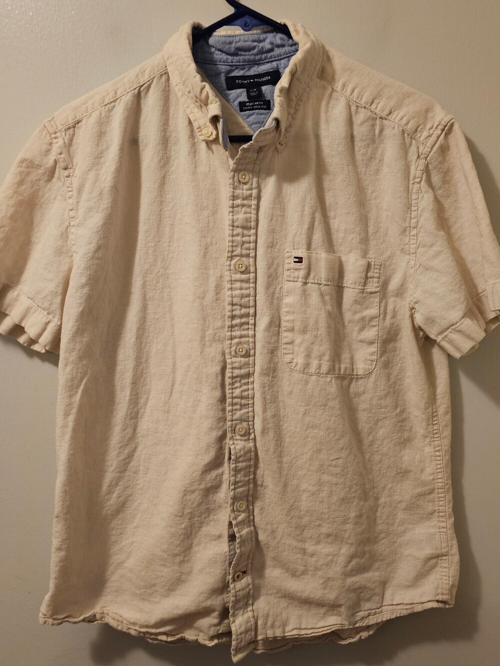 Tommy Hilfiger Linen Blend Button Down Men's Large Beige Short Sleeve Shirt